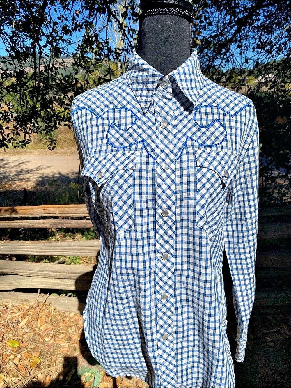 Vintage Western Snap Shirt Blue White Gingham by Shirt Works Wms S Child L